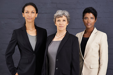 Image showing Partnership, team and portrait of business women with diversity, confidence and assertive in corporate career. People, management and leadership together for job in banking, finance or investment