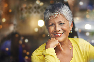 Image showing Senior woman, smile and portrait at cafe for relax, confident and retired with bokeh with confidence. Pensioner or elderly person with happiness and in coffee shop for customer and break on mockup