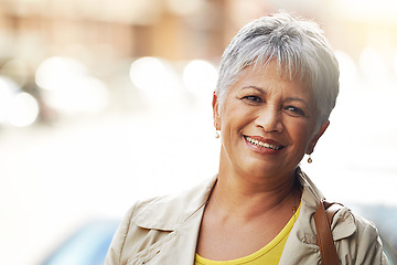 Image showing Senior woman, smile and portrait in outdoor for style and relax for retired and elderly in urban or city. Pensioner or happy person in Amsterdam for fresh air, enjoy and unwind for peace on mockup