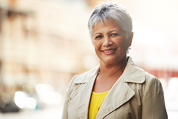 Image showing Senior woman, smile and portrait in city or sidewalk for relax and travel for retirement on mockup. Pensioner or elderly person with happiness in urban or street for trip and break in outdoors