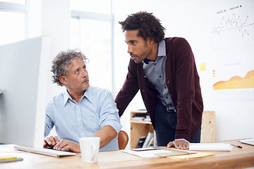 Image showing Intern, mentor or employer in office with computer for internet, help or guide online in morning or indoor. Coworker, tech and desk with coffee for research, collaboration or career in company