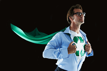 Image showing Recycle, businessman and superhero for protection, environment or sustainability in studio background. Disguise, employee and person with cape for eco friendly, carbon footprint or waste management