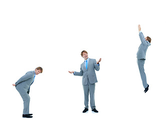 Image showing Businessman, collage and poses with mockup space for career or job opportunity on a white studio background. Employee man in ladder of success, climb or business growth for experience or performance