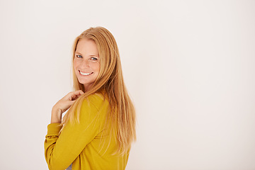 Image showing Woman, portrait and haircare in studio, pride and keratin treatment or brazilian on white background. Happy female person, mockup space and shampoo or conditioner for beauty, cosmetic and dermatology