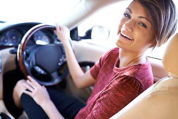 Image showing Portrait, driving and business woman with travel on morning commute, road trip or journey to work. Smile, transport and happy driver at wheel of car with confidence, test drive and auto insurance.