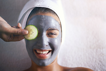 Image showing Woman, spa and cucumber mask portrait for product, skincare and cosmetic treatment for break or peace. Young person and natural for holistic therapy for facial, clean and hygiene for wellness