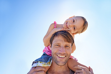 Image showing Portrait, man and shoulder to carry girl for family, game and bonding together on summer day. Blue sky, father and young female child for fun play, happiness and sunshine on vacation in Australia