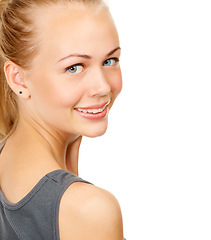 Image showing Face, woman and happiness in studio with skincare in white background for cosmetic, wellness and natural glow. Mockup, female person and smile for results with healthy and smooth look for self care.