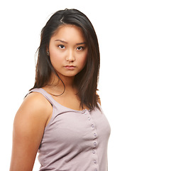 Image showing Asian woman, portrait and fashion with natural beauty in haircare on a white studio background. Face of attractive female person, young model or stare in casual clothing or confidence on mockup space