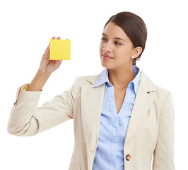 Image showing Sticky notes, white background and business woman for news, information and writing ideas. Professional, corporate worker and isolated person with paper for planning, schedule and reminder in studio