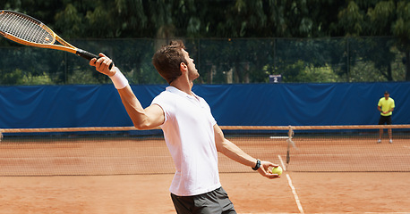 Image showing People, playing and competition on tennis court, athlete and serve racket or ball in professional match. Fitness, outdoor and intensity for victory in tournament and skill of champion player in game