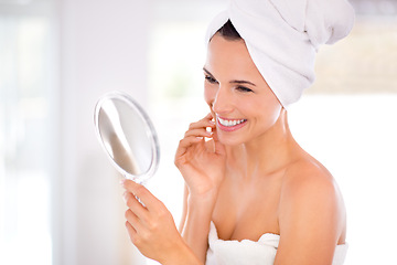 Image showing Skincare, results and happy woman with mirror in home with shine, beauty and luxury skin treatment. Dermatology, smile or face of person in apartment with natural makeup cosmetics, wellness or glow