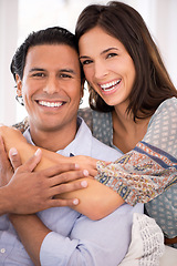 Image showing Smile, hug and portrait of couple on couch for weekend bonding, romance and connection in home. Love, support and trust in marriage, man and happy woman on sofa with embrace, wellness and relax.