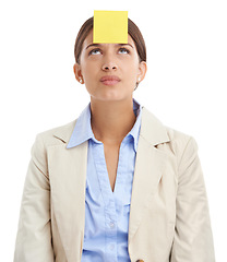 Image showing Sticky notes, thinking and business woman in studio for news, brainstorming and writing ideas. Doubt, corporate and isolated person with paper for planning, schedule and reminder on white background