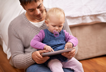 Image showing Tablet, search or father and baby on a floor for cartoon, streaming or gaming while bonding at home. Digital, learning or dad and girl in bedroom with storytelling app, fantasy or child development