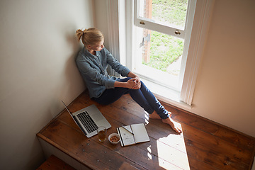 Image showing Woman, laptop and elearning, thinking of ideas and study or research for project with top view. Education, academic online course for university and student at window, insight or inspiration at home