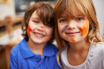 Image showing Happy children, portrait or paint on face in home, art or bonding together in creativity on weekend. Siblings, brother or sister in smile for learning craft, painting or extra mural activity in house