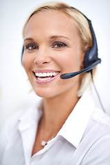 Image showing Woman, smile and portrait in call center with mic for networking, telemarketing and contact at crm job. Person, happy and headphones with voip for communication, customer service or technical support