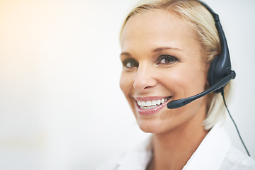 Image showing Woman, happy and portrait in call center with space for mockup for networking, telemarketing or crm job. Person, smile and headphone with mic for voip communication, customer service and tech support