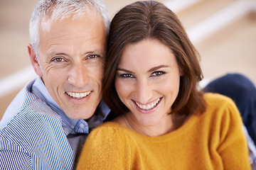 Image showing Couple, age difference and smile in portrait, love with unique relationship and support for trust at home. Senior man, young woman in marriage, commitment and loyalty with partner and pride together