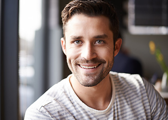 Image showing Handsome man, face and portrait with smile at cafe for morning, ambition or pride at indoor restaurant. Attractive, young or happy male person with positive attitude, beard or mindset at coffee shop