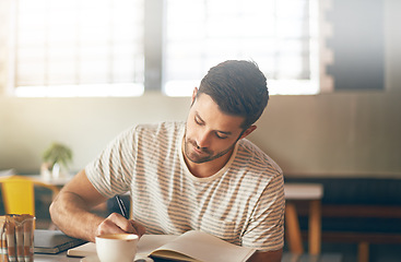 Image showing Man, coffee shop and journal for writing ideas, inspiration and writer for creativity in restaurant. Male person, diary and planning for story or author, calm and peace in cafe for script project