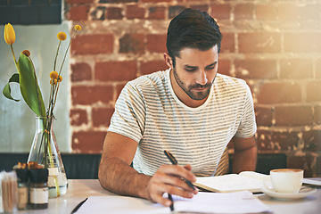 Image showing Man, coffee shop and planner for writing ideas, inspiration and writer for creativity in restaurant. Male person, journal and checklist for story or author, calm and peace in cafe for script project