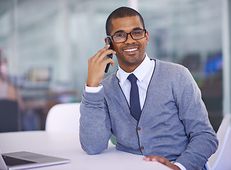 Image showing Business man, phone call and portrait with smile in office for networking, contact and negotiation. African person, smartphone and happy for conversation, communication and connection in workplace