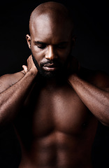 Image showing Black man, relax and muscle with fitness, fashion or masculine figure on a dark studio background. Face of calm, attractive or muscular African, male person or bodybuilder in health and wellness