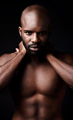 Image showing Black man, portrait and model with muscle in fitness, fashion or masculine figure on a dark studio background. Face of attractive or serious African, male person or bodybuilder in health and wellness