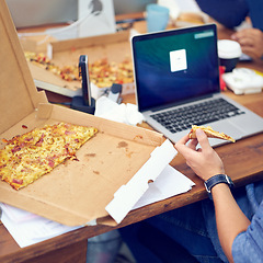 Image showing Pizza, office and worker hands on laptop screen for programming, software and information technology. Person or programmer eating fast food at startup company or job with web development on computer