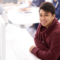 Image showing Happy man, computer and portrait at office desk for web development, programming or information technology. Young programmer, worker or business designer on multimedia for startup project or planning