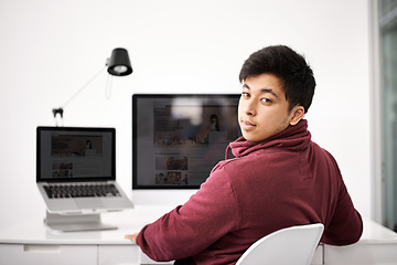 Image showing Business man, portrait and computer screen for web development, programming and information technology. Young programmer, worker or online designer on laptop or multimedia for startup project at desk