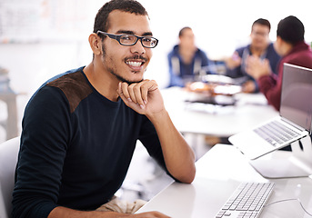 Image showing Young man, computer and portrait in workspace for web development, programming or information technology. Business programmer, worker or online designer in glasses for planning and startup project