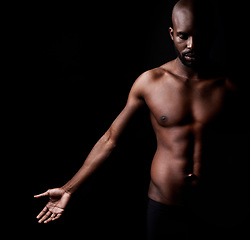 Image showing Black man, shadow and fitness with muscular body for exercise or workout on a dark studio background. Young African male person or strong bodybuilder with masculine or muscle figure on mockup space