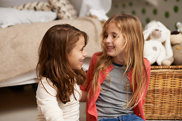 Image showing Happy, hug and children laugh in bedroom for relaxing, bonding and playing with toys in home. Family, friends and young girls on floor embrace for childhood, fun and happiness in house together