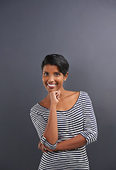 Image showing Woman, portrait and smile with confidence of a creative employee with grey background ready for work. Job, inspiration and happy Indian female worker with wondering and mockup space with style