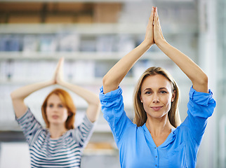 Image showing Business woman, portrait and yoga in office, meditation and spiritual awareness on break. Female person, professional and mindfulness with pilates or namaste pose in workplace, zen and calm at agency
