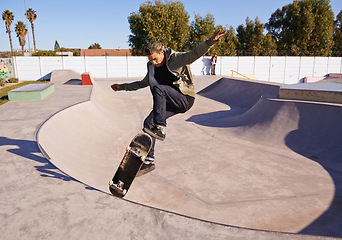 Image showing Skateboard, park and man with ramp, fitness and training for a competition and skating style. Adventure, person and skater with practice for technique and performance with exercise, energy or cardio