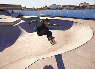 Image showing Skateboard, training and man with ramp, fitness and energy with competition, hobby and sunshine. Adventure, person and skater with practice for technique and skating style with exercise and cardio