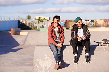 Image showing Skate park, portrait and skater friends relax outdoor after fun session, training or bonding on vacation. Skateboard, hobby and gen z male people chilling on a ramp for break, holiday or boarding