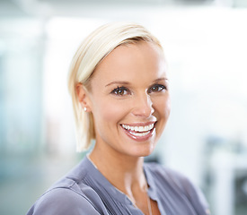 Image showing Portrait, office and happy woman with smile, confidence and opportunity in HR consulting business career. Face, workplace and professional businesswoman with pride in job at human resources agency
