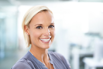 Image showing Portrait, office and woman with smile, confidence and opportunity in HR consulting business career. Face, workplace and happy businesswoman with pride at human resources agency with mockup space