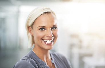 Image showing Portrait, office and woman with smile, happiness and opportunity in HR consulting business career. Face, workplace and confident businesswoman with pride at human resources agency with mockup space