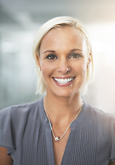 Image showing Portrait, office and woman with smile, confidence and opportunity in HR consulting business career. Face, workplace and happy businesswoman with pride at human resources agency with light flare