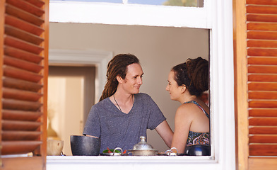 Image showing Kitchen, window and couple in home for conversation, bonding and relationship together. Dating, happy and Rasta man and woman speaking, talking and chat in house for marriage, love and happiness