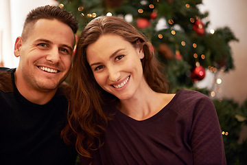 Image showing Couple, portrait and christmas at home with love, support and care together at holiday event. Happy, smile and tree with celebration, trust and marriage in a house with relationship and festive decor