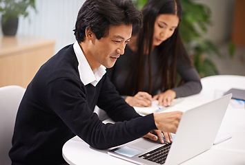 Image showing Laptop, asian business people and technology for teamwork on internet and online research on project. Japanese man, woman and working together in office in collaboration and web developer by computer