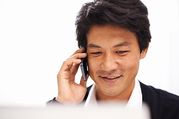 Image showing Japanese, business and man networking with phone call in office with discussion of b2b client. Project, update and contact entrepreneur for conversation, communication and planning a development