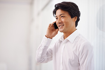 Image showing Man, thinking and phone call for business in office with networking discussion to b2b client. Project, ideas and contact entrepreneur for feedback conversation, communication and planning a decision